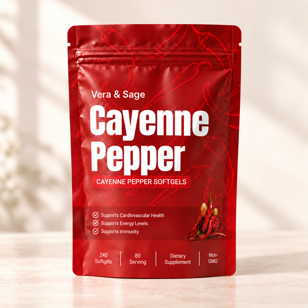 Vera & Sage Cayenne Pepper pouch with 240 softgels and 80 servings