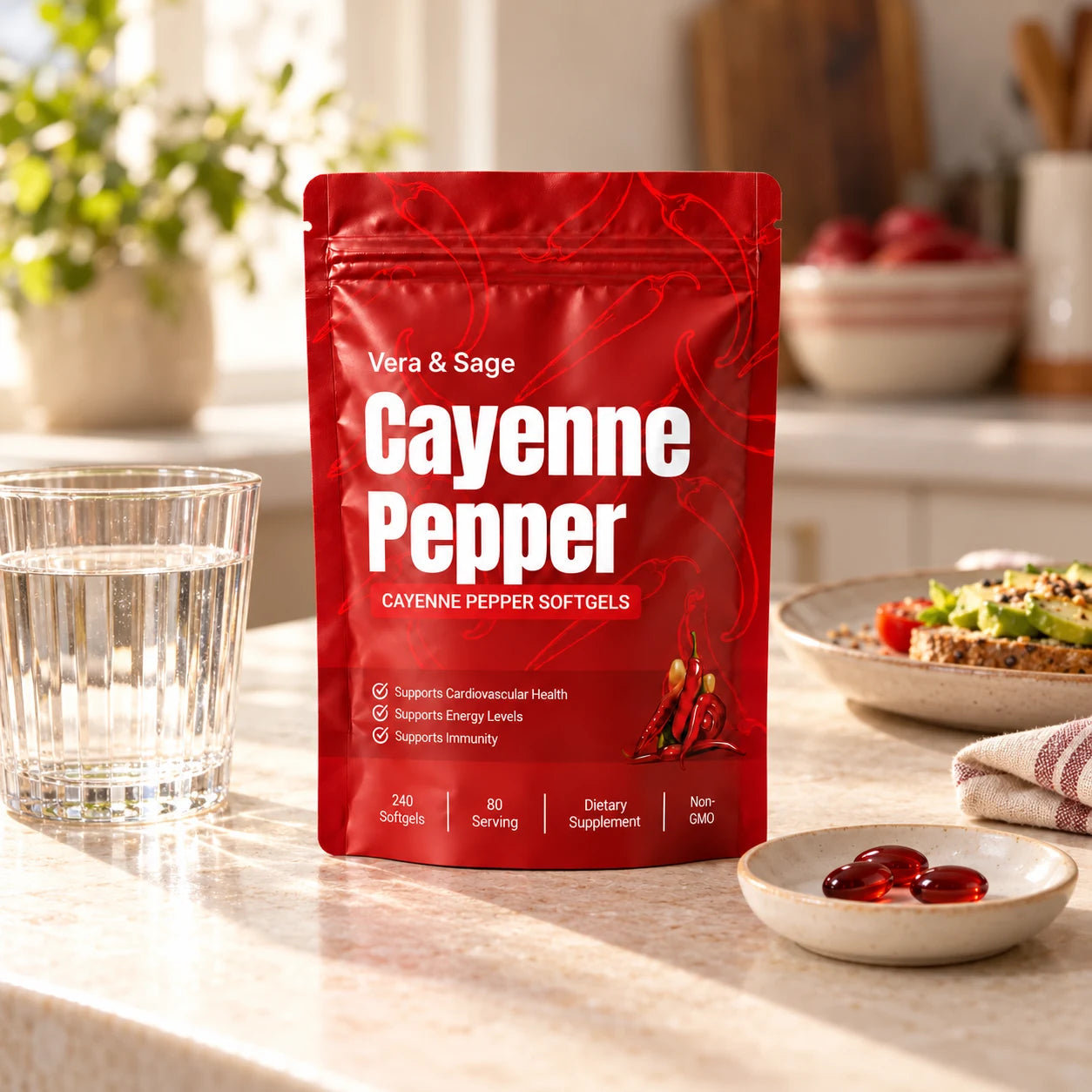 Vera & Sage Cayenne Pepper pouch beside water and three softgels in an illustrative breakfast scene