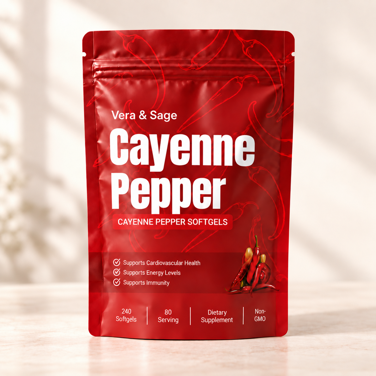 Vera & Sage Cayenne Pepper pouch with 240 softgels and 80 servings
