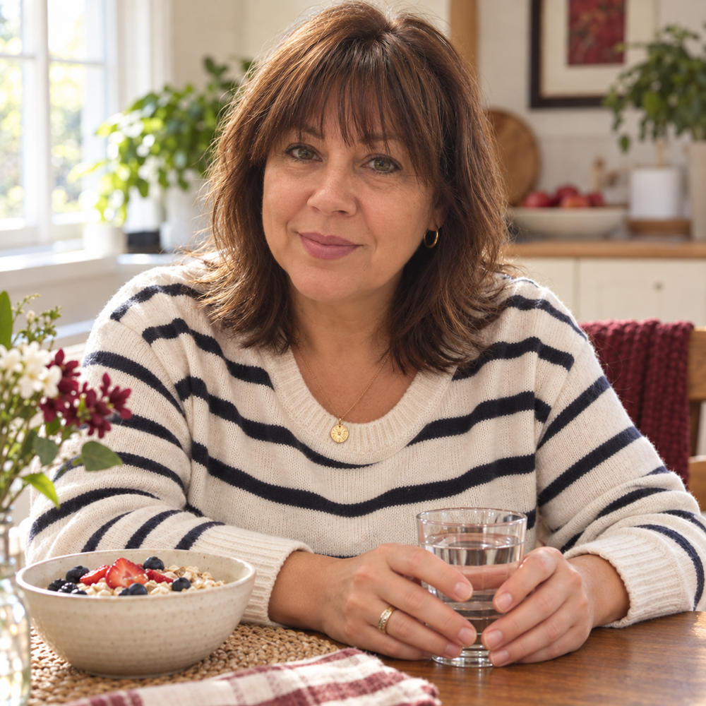 A woman at breakfast with a glass of water