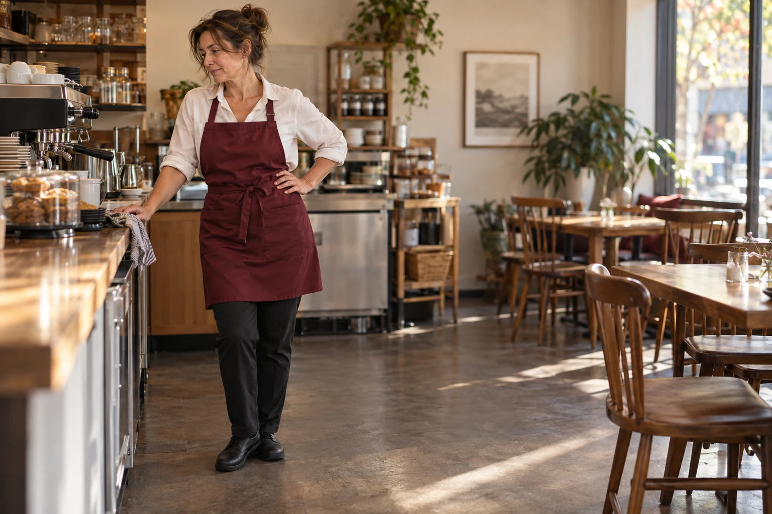 Illustrative scene of a woman working on her feet in a cafe